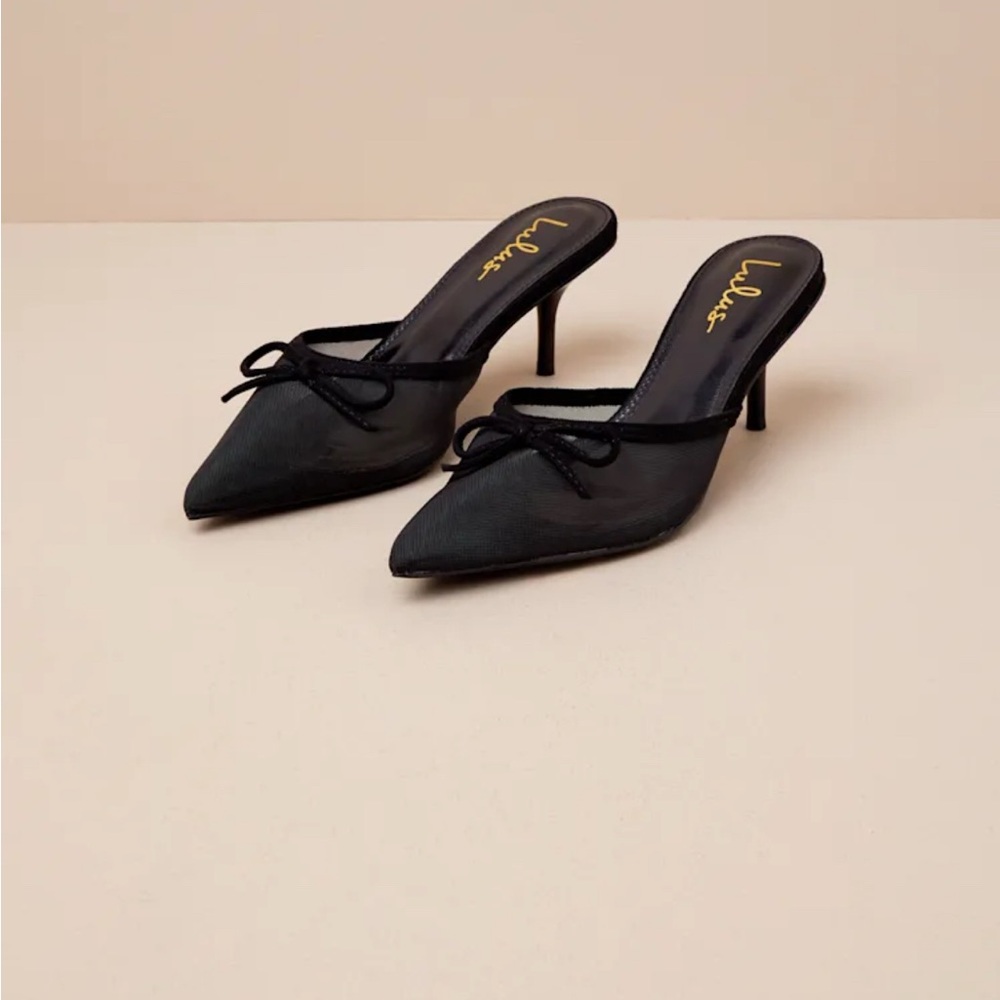 NWT Lulus Cheralynn Black Mesh Bow Pointed-Toe Mule Pumps